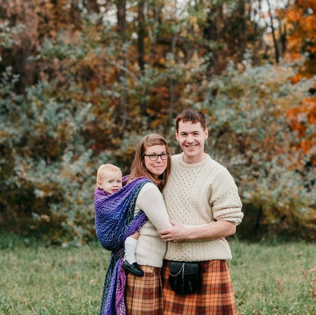 Family of three. Chris, Kit (Catherine) and Owen in their Ulster Tartan kilts taken at Mill of Kintail, Almonte, Ontario. October 2017