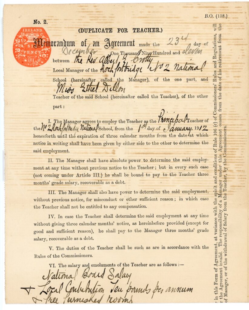 Teacher contract for Ethel Dillon 1911