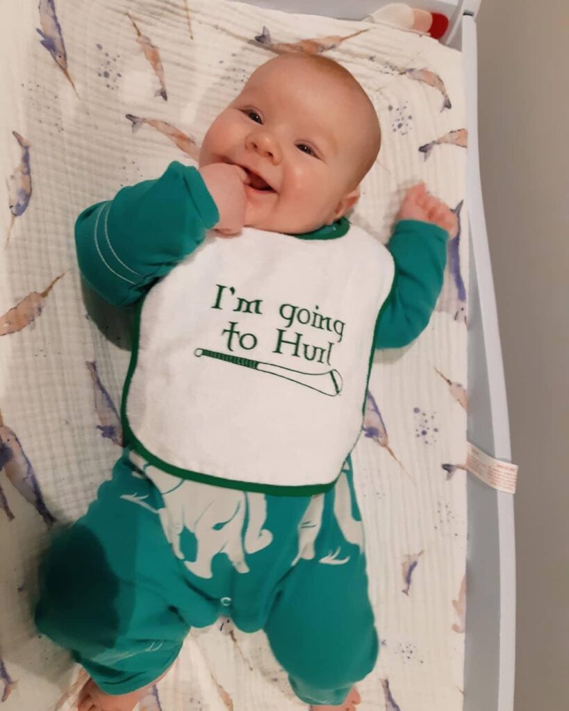 Baby Fiona and her hurling bib at four months. Jan 2020