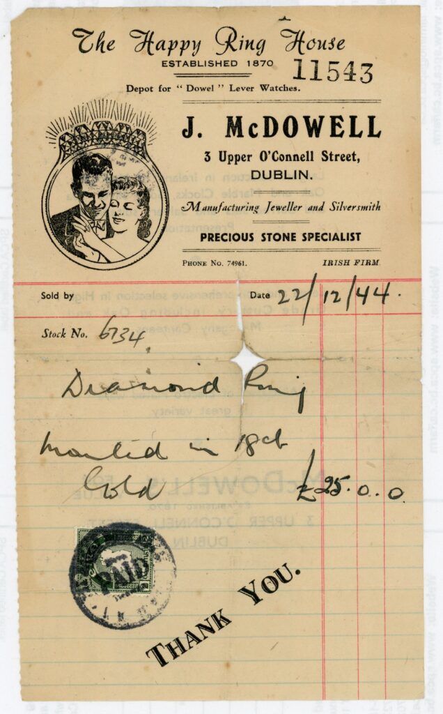 Receipt for engagement ring for Dorothy from Charles - 1944
