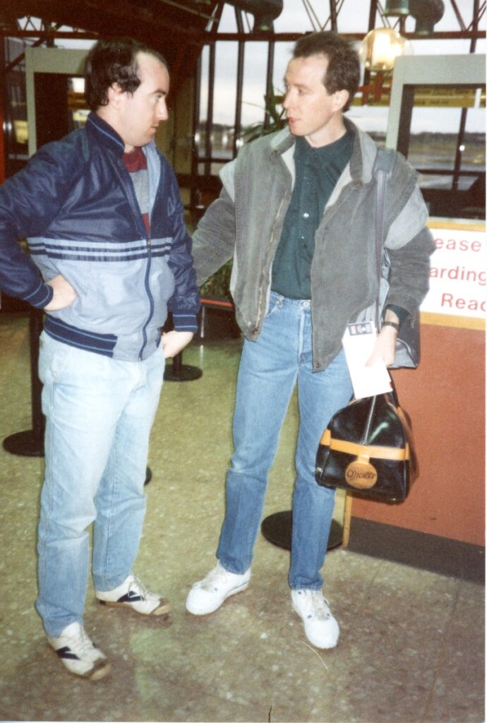 Heading back to Canada. Michael at Belfast Airport with his brother Fergal, 1988