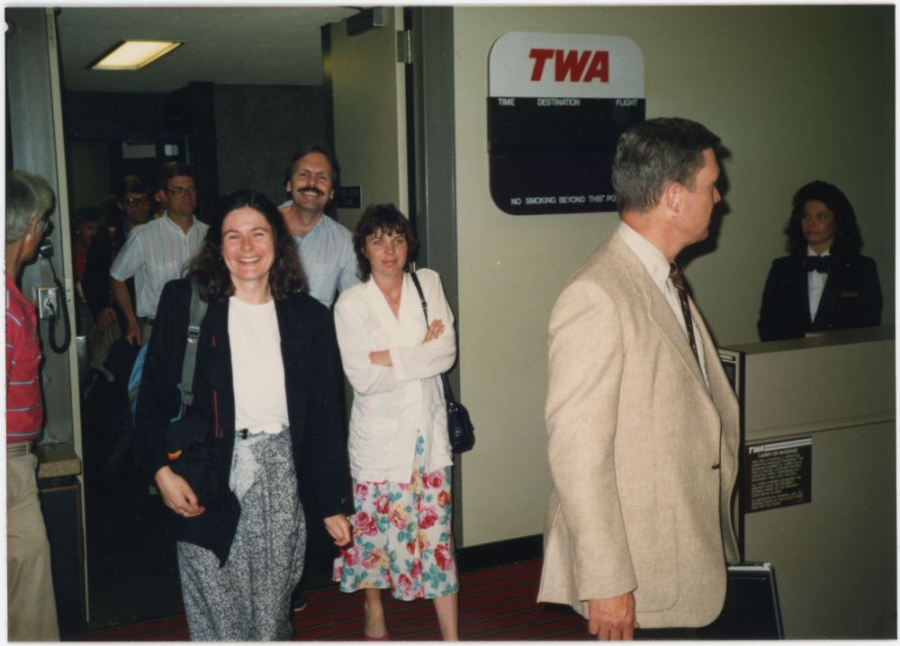 My sister Meabh-Anne, makes her first trip to the USA to be my bridesmaid arriving in Seattle (from Washington DC) left to right, Niamh, Meabh-Anne and (behind her) Dennis. June 1989